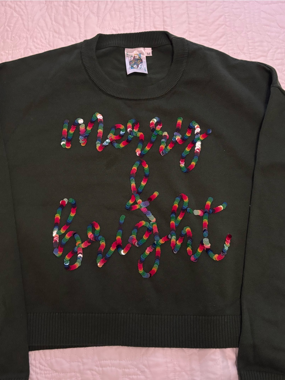 QUEEN OF SPARKLES Black Crewneck with Multicolor Sequin Script
